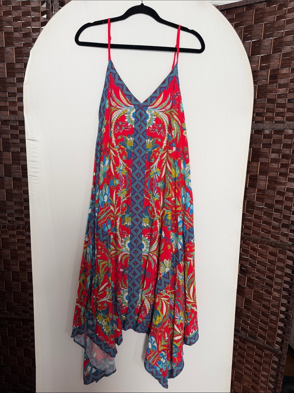 Ladies S Jealous Tomato red blue FLORAL Maxi Handkerchief Beach dress EUC 🌺